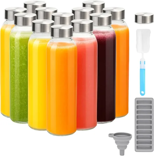 Vista 22 de Zukro Botellas de agua de vidrio de 8 onzas con tapas, botellas reutilizables de jugo transparente con tapa hermética de acero inoxidable