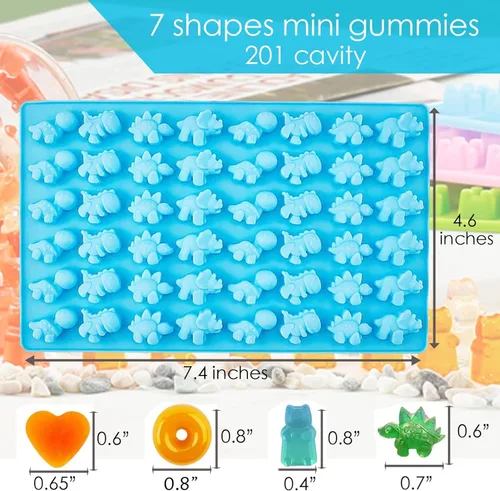 Vista 2 de Juego de 3 moldes de silicona para caramelos, dinosaurios, osos, formas de corazón con 2 goteros para gomitas, chocolate y golosinas caseras, sin