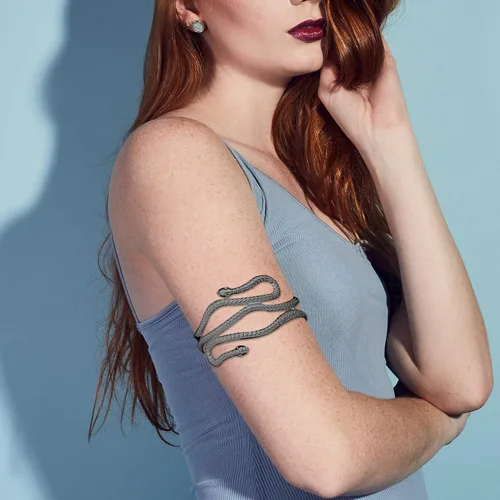 Vista 4 de RechicGu - Elegante brazalete abierto egipcio, brazalete de brazo, pulsera, ajorca, de Cleopatra con serpiente enrollada