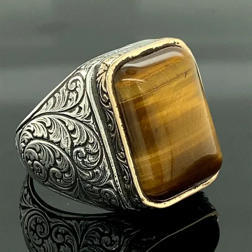 Men Handmade Ring, Tiger Eye Stone Ring, Natural Tiger Eye Gemstone Ring, Turkısh Handmade 925k Sterling Silver Ring, Gift For Him