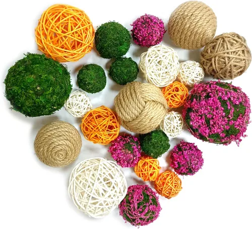 24 bolas decorativas, bolas de mimbre, bolas de musgo, bolas de ratán, bolas verdes decorativas para bolas de ratán de mimbre, juego de jarrón para