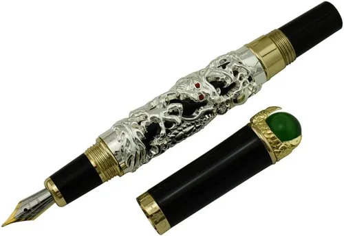Vista 2 de Jinhao Ancient Silver Dragon - Pluma estilográfica de punta media que juega con joyería verde perla con estuche para bolígrafo
