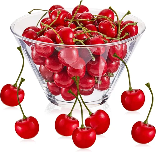 Vista 9 de Skylety 30 piezas de cerezas falsas decoraciones de frutas artificiales, modelo de fruta falsa de cereza de imitación roja para decoración