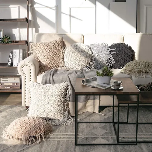 Vista 7 de Phantoscope Almohada Decorativa de Algodón Macramé Hecha a Mano Simétrica 3D Tejida a Crochet Estilo Boho Almohada de Granja con Relleno Incluido
