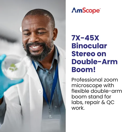 Vista 2 de AmScope SM-4B microscopio profesional de zoom estéreo binocular, oculares WH10x, aumento de 7X-45X, objetivo del zoom 0.7X-4.5X, soporte de brazo