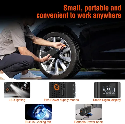 Vista 8 de Mini Portable Air Compressor 150 PSI Rechargeable Electric Air Pump DC12V Tire Inflator with Digital Display LED Light USB Charging for Car