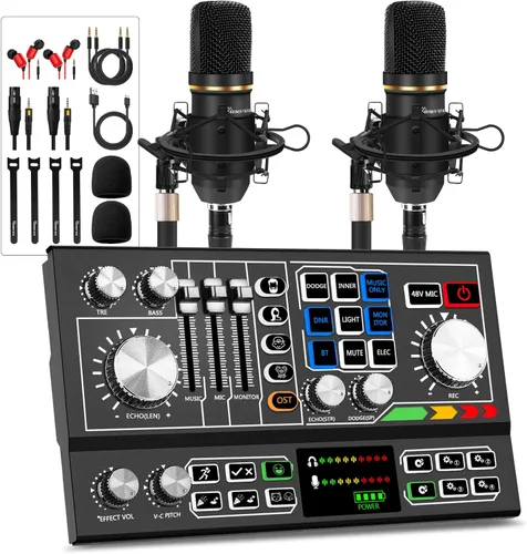 Kit de equipo de podcast para 2, mezclador de audio con micrófono condensador e interfaz de audio con fuente de alimentación Phantom de 48V para