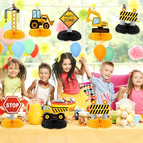 Vista 7 de Zonon 8 piezas de centros de mesa de construcción para fiesta de cumpleaños, suministros de decoración de panal de abeja para auto, camión, zona