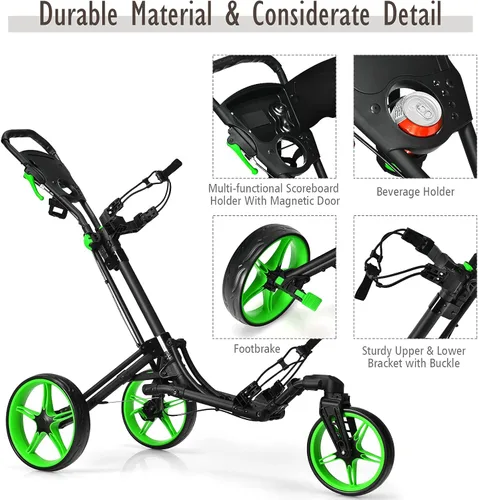 Vista 3 de Tangkula Carrito de golf con rueda delantera giratoria de 360°, carrito de golf plegable de aluminio de 3 ruedas, carrito de golf con correa