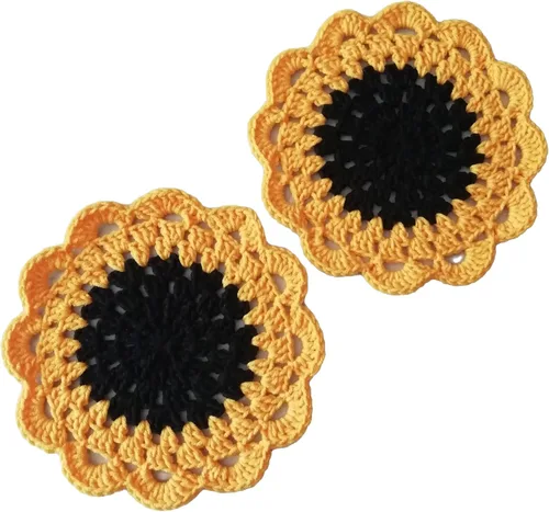 Vista 7 de Juego de 2 posavasos de ganchillo hechos a mano, diseño de girasol, tapete de mesa con aislamiento para bebidas absorbentes