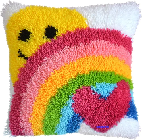 GREBSTK Kit de gancho de pestillo DIY funda de almohada de sofá, cojín de sofá, patrón de sol y arcoíris, punto de cruz pintado, 16x16 pulgadas