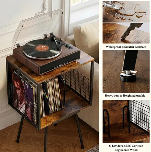 Vista 6 de Record Player Stand with Storage Holds 100+ Vinyl Records, Industrial Turntable Stand with Storage Shelf, LP Album Organizer Cabinet for Small Negro