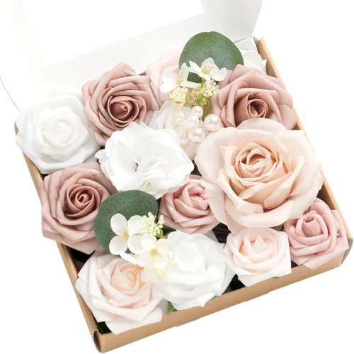 Vista 21 de Ling's moment Caja de Flores Falsas, Tallos de Vegetación Artificial Falsa, Rosas de Espuma, Eucalipto de Seda, Flor de Tela para Centros de Mesa