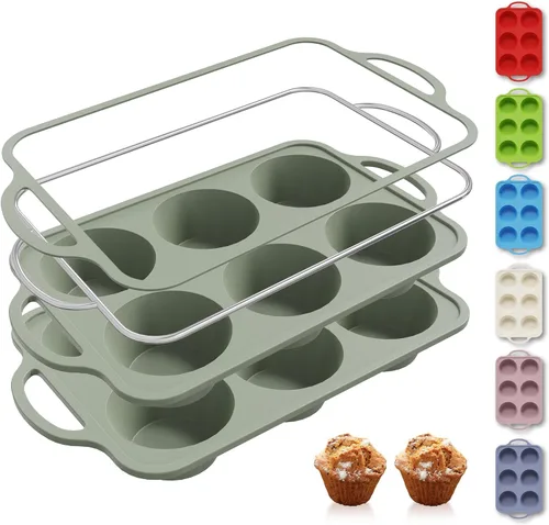 Vista 39 de 12 Tazas Molde para Muffins de Silicona con Marco Reforzado de Metal, Molde Regular para Cupcakes, Bandeja para Huevos, Moldos Circulares