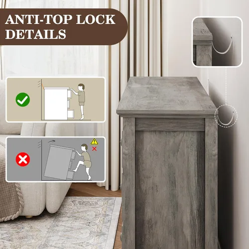 Vista 9 de HolliWill Cómoda gris de 9 cajones, cómoda grande de 57 pulgadas para dormitorio, cajones de madera con mango de metal, soporte de TV para TV de 70