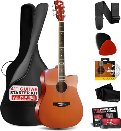 Pyle Kit de guitarra acústica de cuerda de acero, 4/4 de tamaño completo, Guitarra Acustica de madera recortada con juego de accesorios de primera