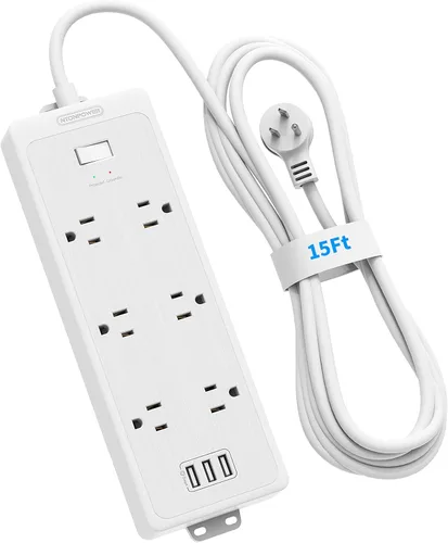 Vista 13 de Regleta de alimentación con 6 tomas espaciadas superanchas con USB, cable de extensión de 10 pies, protector de sobretensiones de enchufe plano