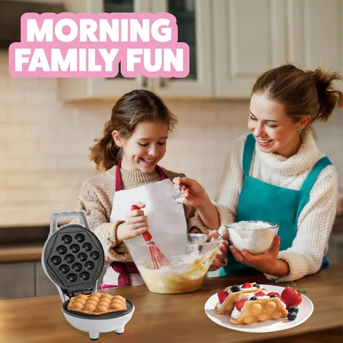 Vista 4 de Bubble Mini Waffle Maker- Valentine Breakfast w Tiny Hong Kong Egg Style Design, 4" Individual Waffler Iron, Electric NonStick Baker w Recipes - Ice