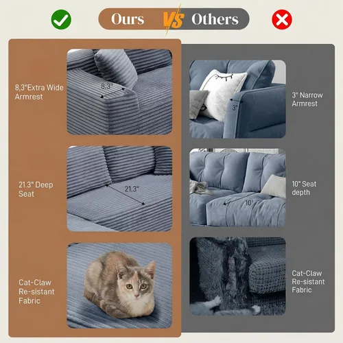 Vista 5 de Sofá modular sin hueso de 95 pulgadas, en forma de L con diván, tapicería de pana suave, asiento profundo, moderno y cómodo sofá para sala de estar