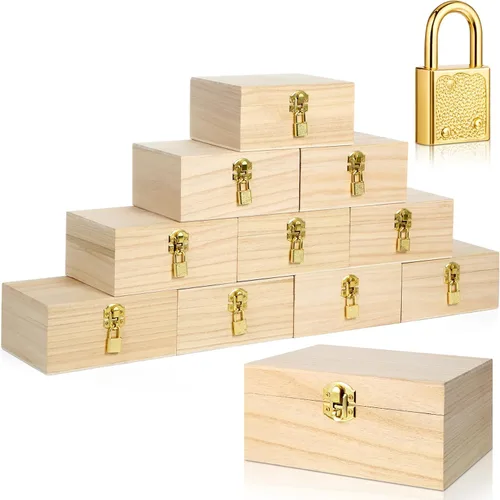 Vista 11 de CroBlissful Juego de 12 cajas de madera sin terminar de 24 piezas con tapas con bisagras y mini candados con llaves, caja de madera sin terminar