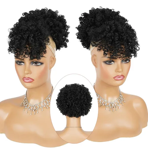 Vista 2 de Cola de caballo con cordón para mujeres negras Afro Puff Cola de caballo con cordón con flequillo Cola de caballo corta crespa y rizada Moño cola