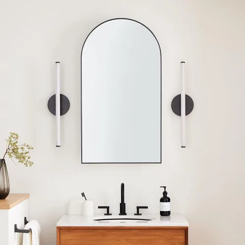 Vista 3 de Botiquín de baño empotrado en arco dorado cepillado con espejo de acero inoxidable con marco de metal rectangular con espejo de 16 x 28.3 pulgadas
