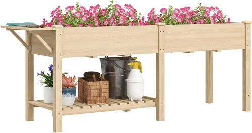 Vista 13 de Outsunny Cama de jardín elevada, maceta de madera elevada con estante de almacenamiento, agujeros de drenaje y forro para patio trasero, patio, Negro