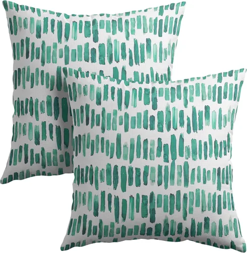 Vista 22 de Juego de 2 fundas de almohada de rayas negras para exteriores, 16 x 16 pulgadas, diseño geométrico de rayas abstractas, algodón y lino, cuadradas