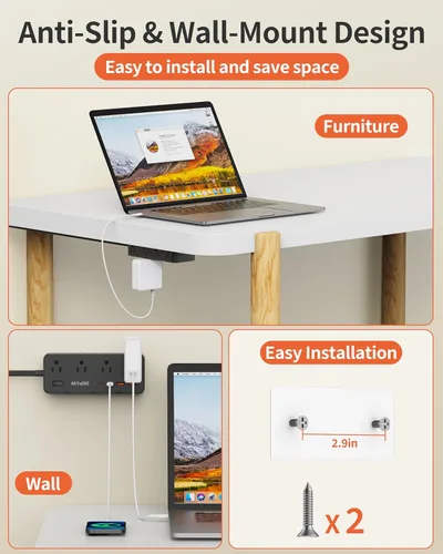 Vista 6 de DEPOW Regletas de alimentación con protección contra sobretensiones, cable de extensión de 5 pies con múltiples tomas, 8 salidas de CA, 4 puertos