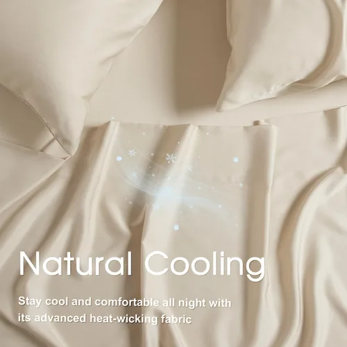Vista 5 de HYPREST Sábanas refrescantes tamaño Queen – Rayón derivado de bambú, seda suave y transpirable, juego de sábanas de lujo que no sudan, sábanas Beige
