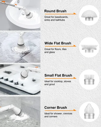 Vista 5 de Limpiador eléctrico giratorio – Cepillo eléctrico de limpieza de baño con 4 cabezales de cepillo reemplazables y mango de extensión ajustable
