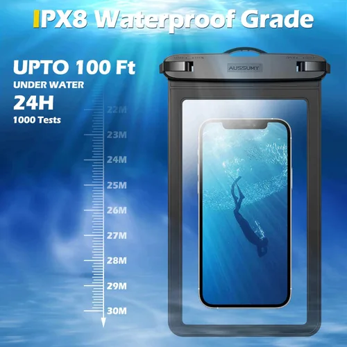 Vista 4 de Paquete de 4 bolsas grandes impermeables para teléfono de 10.5 pulgadas, soporte para celular transparente bajo el agua, bolsa seca universal a