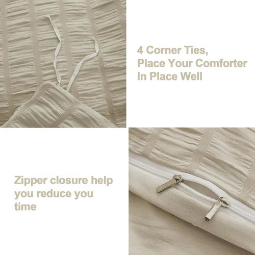 Vista 4 de AveLom - Juego de funda de edredón de 3 piezas, 1 funda de edredón y 2 fundas de almohada, microfibra milrayas suave, con cremallera y lazos en Beige