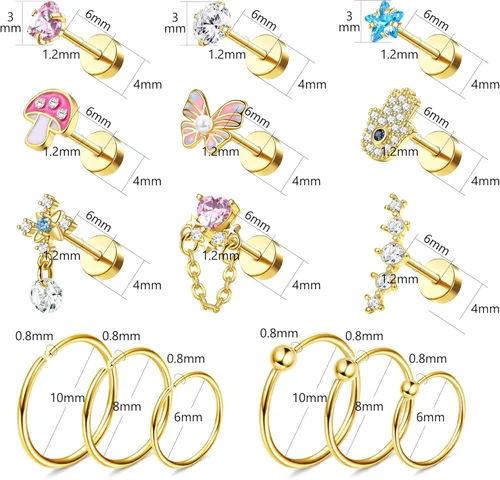 Vista 2 de 15 Pcs Cartilage Earring Stud Set For Women Hypoallergetic 20G Helix Conch Hoop 16G Flat Back Stud Dangle Earrings Small Stainless Steel Screw Back