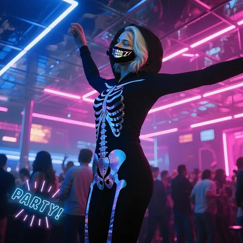 Vista 2 de Disfraz de esqueleto para mujer, neón 3D, enterizo de Body llamativo con estampado de esqueleto 3D de arcoíris para Halloween, cosplay, noche