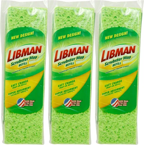 Libman Paquete de repuesto para fregona Scrubster, tres repuestos #3105 extra absorbentes, cabezales de repuesto de esponja recubiertos de celulosa