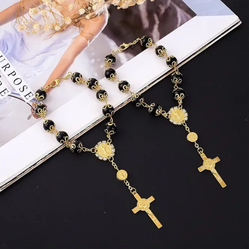 Vista 5 de Cobee Rosario de coche para espejo retrovisor, 2 piezas de espejo de automóvil para colgar en cruz, rosario automático, espejo retrovisor