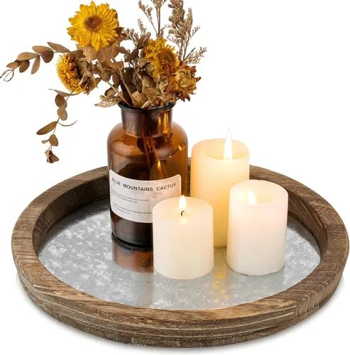 Vista 8 de Hanobe Bandeja portavelas: Plato decorativo redondo de madera para velas – Decoración rústica de mesa de café de granja – Bandejas de pilar de velas