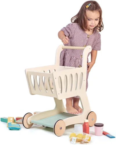Vista 5 de Tender Leaf Toys - Carrito de compras - Carrito de compras de madera con almacenamiento adicional - Juguete perfecto para jugar a roles, promueve