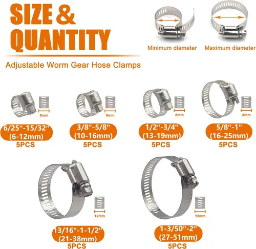 Vista 2 de ISPINNER Juego de 30 abrazaderas de manguera 6-51mm (1/4"-2") Ajustable 304 Acero inoxidable Engranaje de gusano Abrazaderas de manguera 6 tamaños