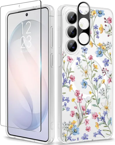 Vista 70 de GVIEWIN Funda protectora para Samsung Galaxy S25, transparente floral, delgada, a prueba de golpes, para mujer, no se pone amarilla, con protector