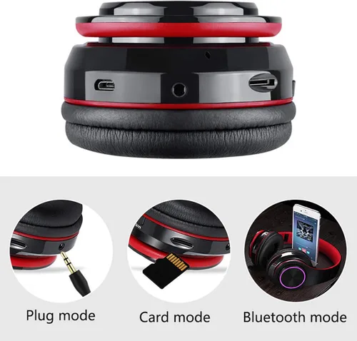 Vista 3 de Auriculares Bluetooth para niños con luces LED, color negro y rojo