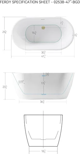 Vista 8 de FerdY Bañera independiente de acrílico Bali de 47 pulgadas, bañera independiente con forma elegante, certificado cUPC, drenaje dorado cepillado