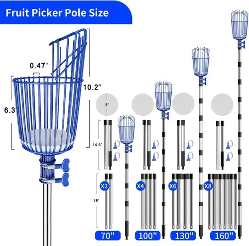 Vista 4 de Recolector de frutas con canasta, poste ajustable de 40 a 70 pulgadas
