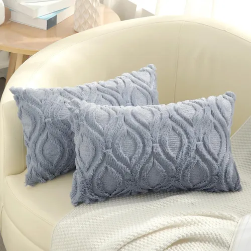 decorUhome Juego de 2 fundas de almohada de 12 x 20 pulgadas, fundas de almohada de felpa suave de lana sintética azul gris sólido para sofá, cama,