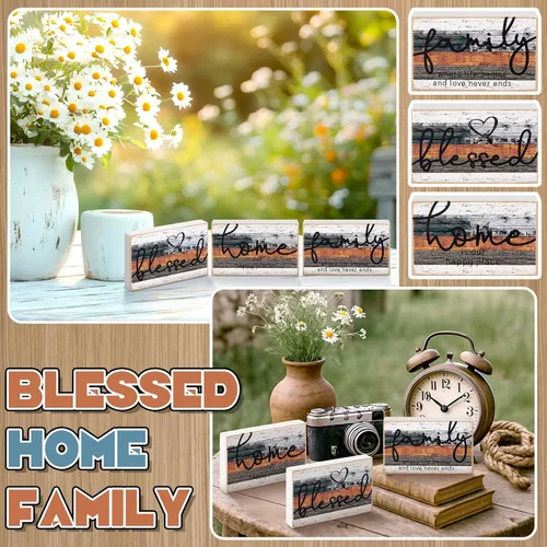 Vista 4 de Jetec 3 piezas de letrero de hogar familiar bendecido en madera rústica, letrero decorativo mini en forma de corazón, decoración en madera