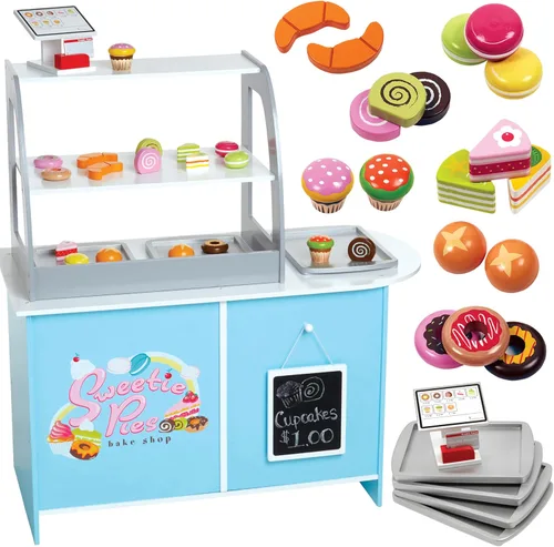 Wooden Bakery Playset Pretend Stand for Kids - 25 Piece Bake Shop Cafe Counter with Food, Donuts, Cake, Chalkboard, Cash Register, Trays & More-