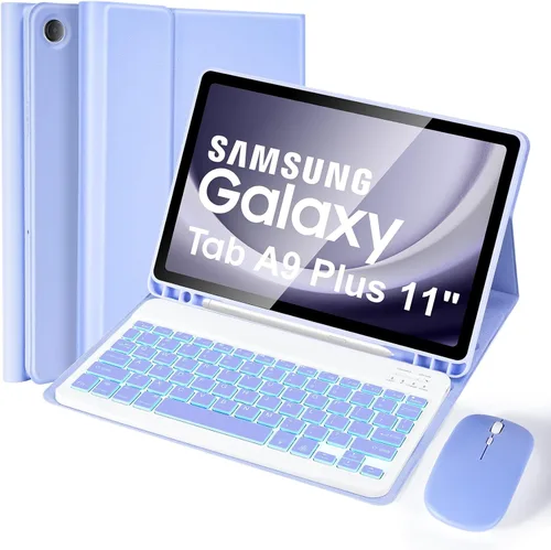 Vista 10 de Funda de teclado para Samsung Galaxy Tab A9 8.7" 2023, retroiluminación de 7 colores, funda de teclado inalámbrico desmontable con soporte para S