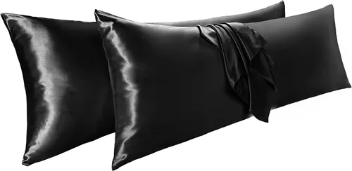 Vista 21 de Vonty 2 fundas de almohada de satén estándar – Fundas de almohada de 20 x 26 pulgadas, fundas de almohada negras para proteger la piel y el cabello