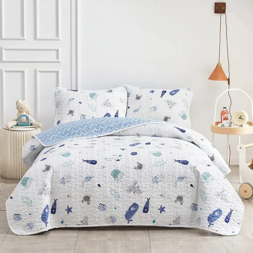 Joyreap Juego de edredón de algodón de 3 piezas, tamaño matrimonial/queen, vibrante tema oceánico con estrellas y ballenas y cangrejos impresos en